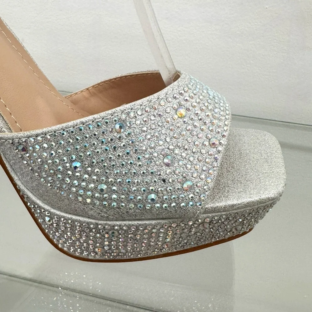 Silver Rhinestones Open Toe Platform Heels